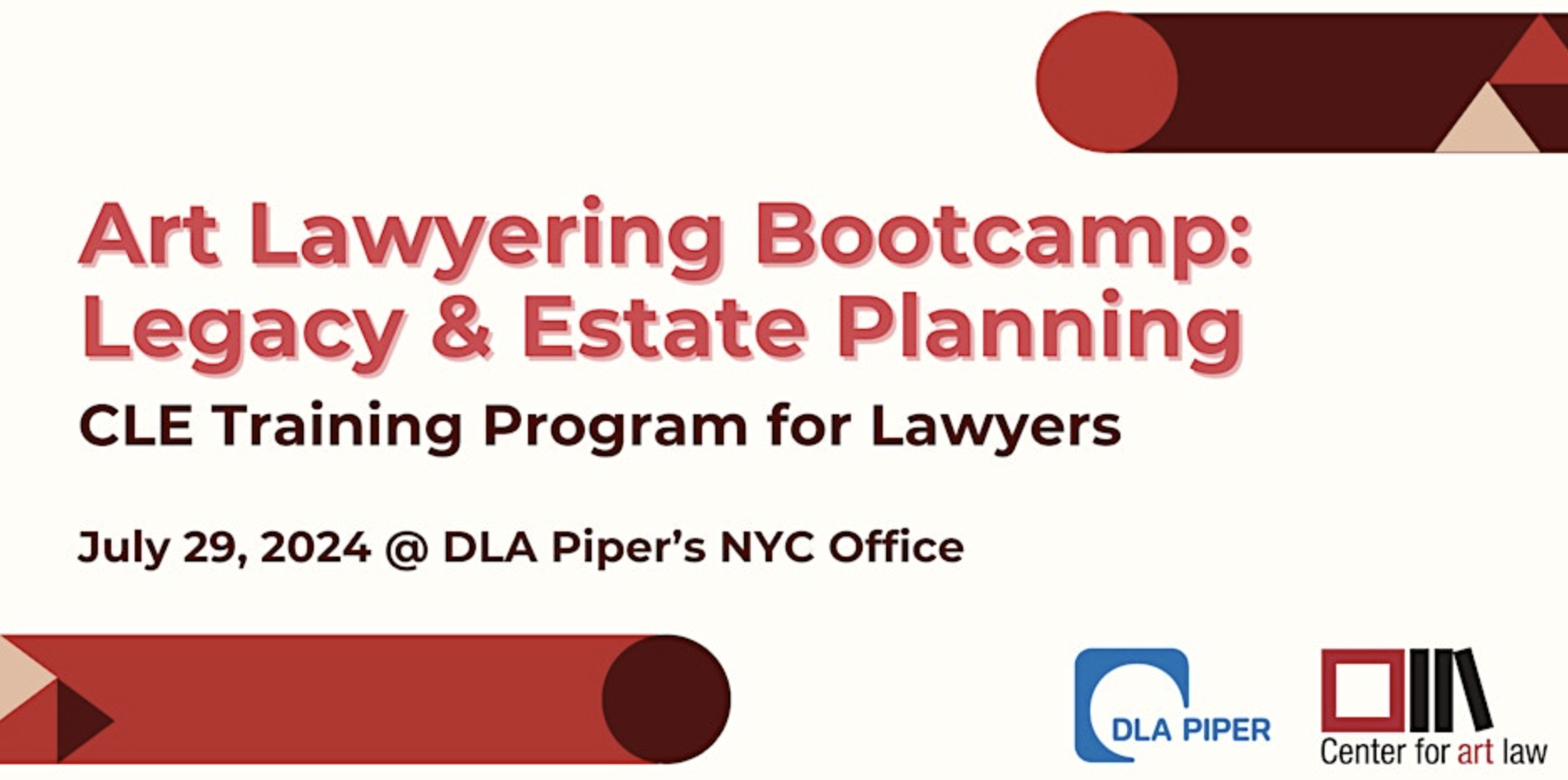 Event Cover sheet with logos of sponsoring organizations Center for Art Law and DLA Pipper.